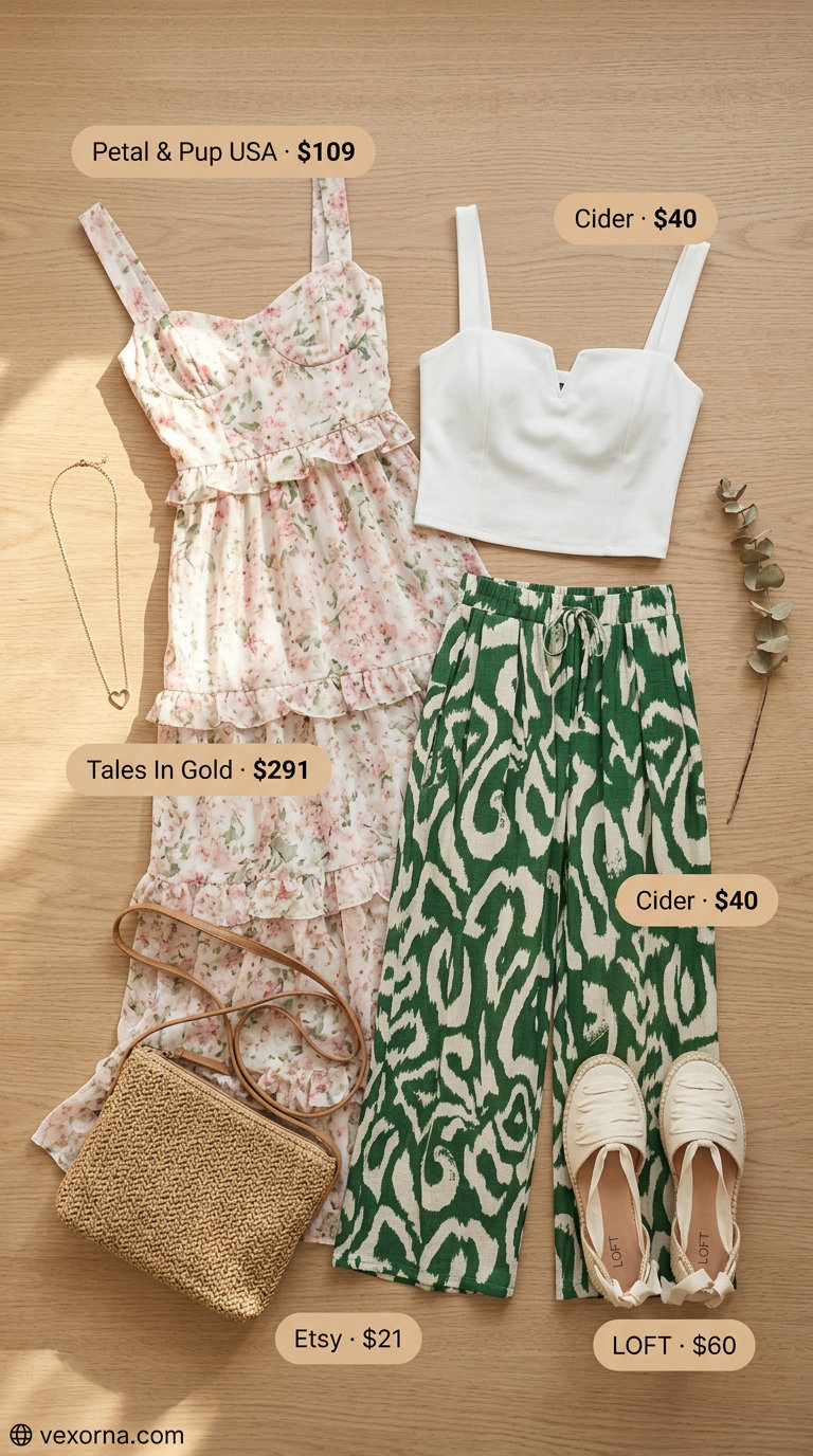 Floral maxi dress with straw bag & espadrilles for classy summer brunch outfits for women 2026.