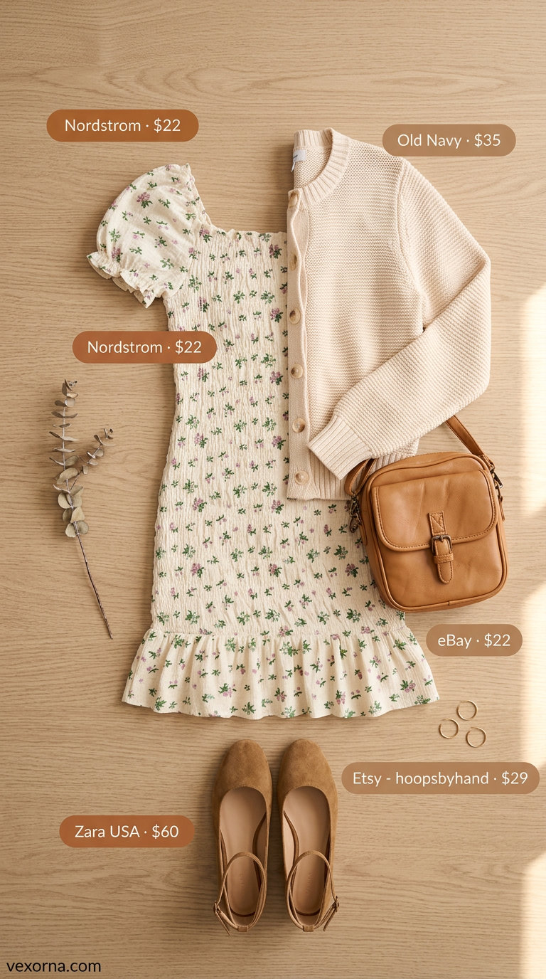 Floral mini dress with cardigan, ballet flats & crossbody bag for classy summer brunch outfits 2026.