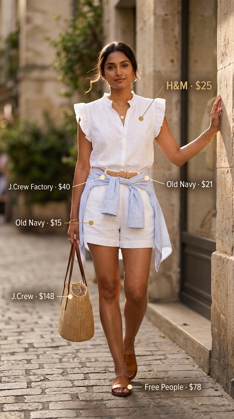 White linen shorts with sky blue blouse, slide sandals & straw tote for classy summer brunch outfits 2026.