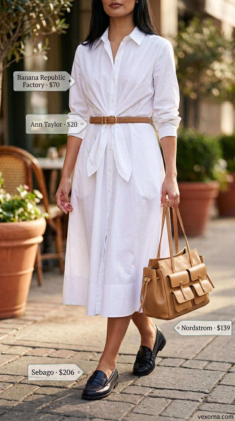 White shirtdress with navy loafers & tan belt for classy summer brunch outfits for women 2026.