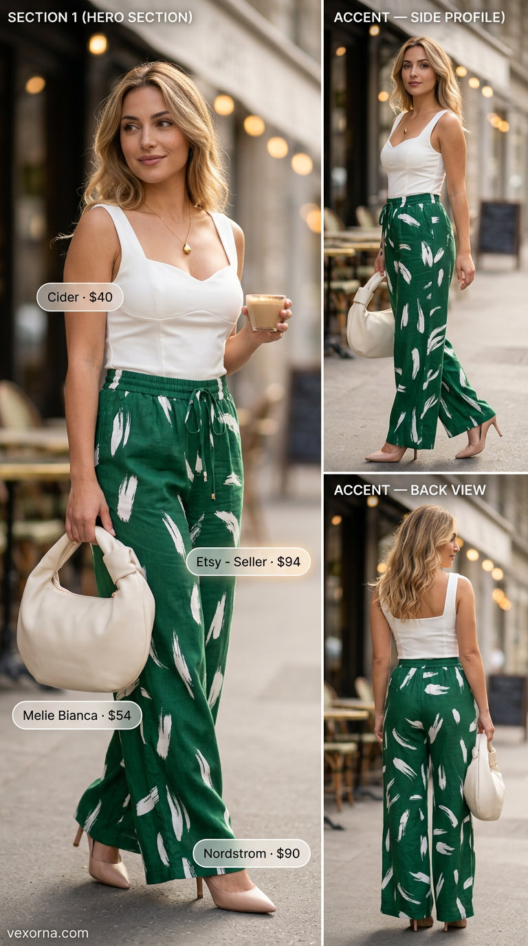 Classy summer brunch outfits for women 2026: Blush pink wide-leg trousers, white shirt, gold necklace, and heels.