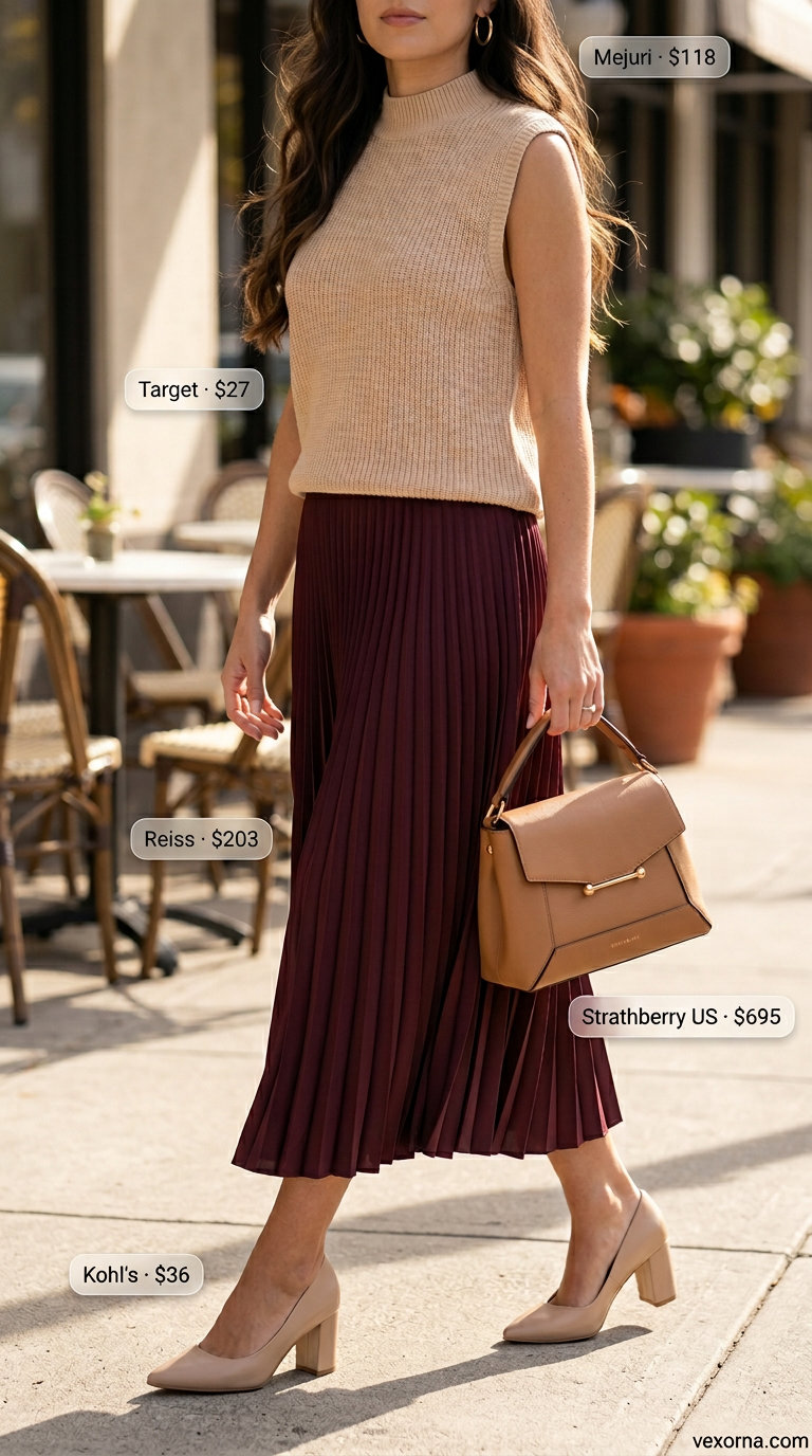 Classy summer brunch outfits for women 2026: Burgundy midi skirt, beige knit top, gold hoops, and pumps.