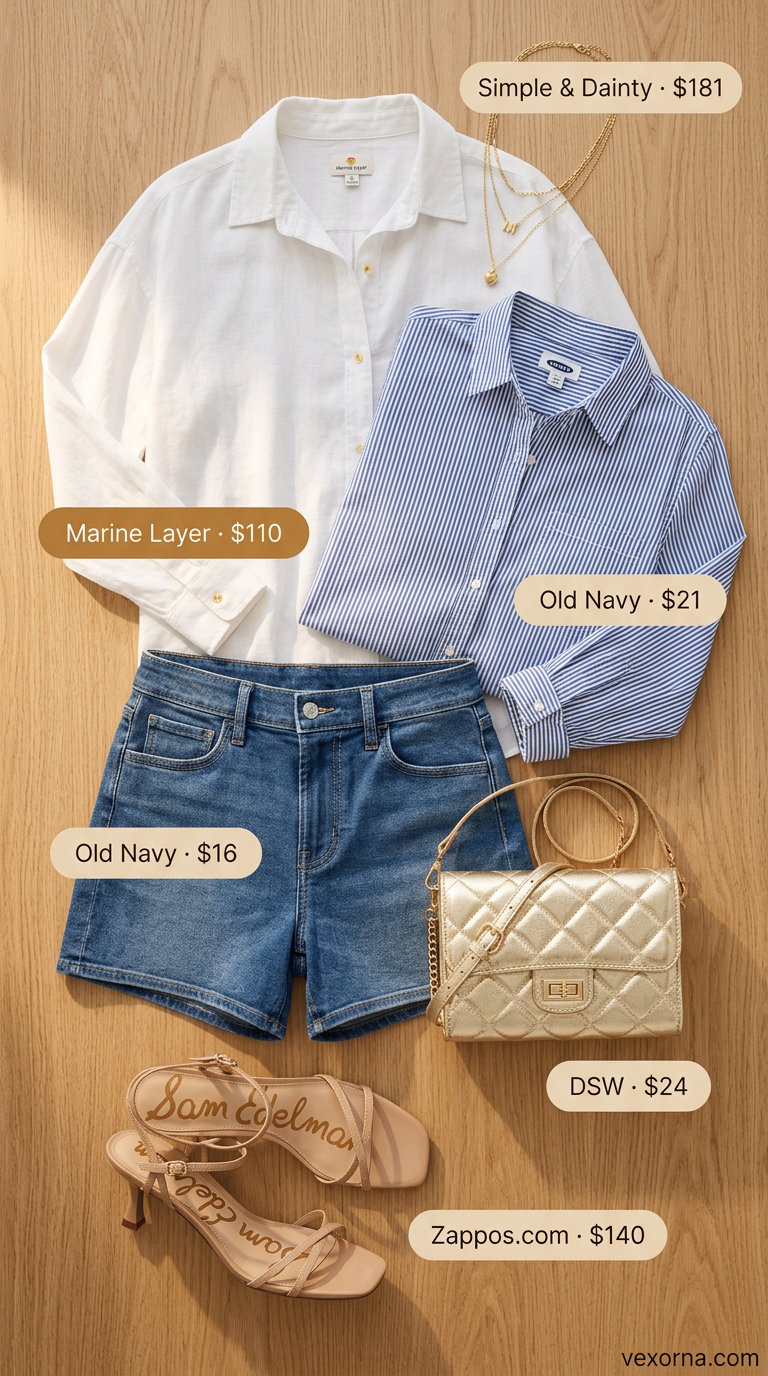 Classy summer brunch outfits for women 2026: White linen shirt, denim shorts, gold necklaces, and heeled sandals.