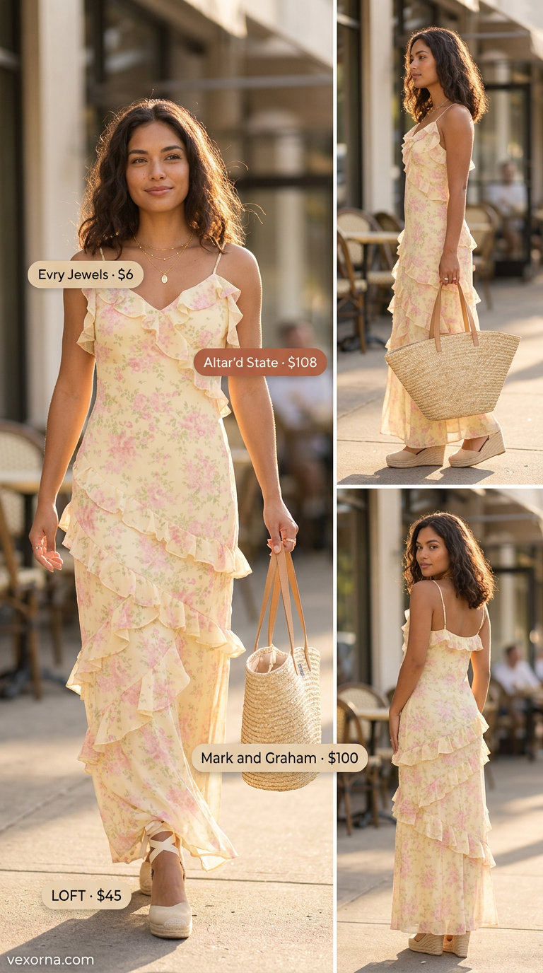 Classy summer brunch outfits for women 2026: Floral maxi dress, straw tote, layered necklaces, and wedge sandals.