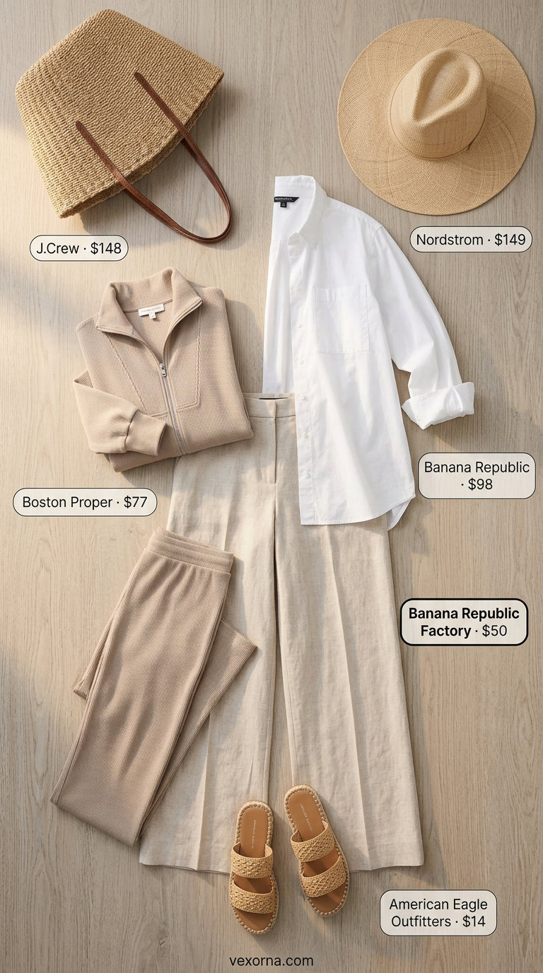 Classy summer brunch outfits for women 2026: Linen pants, oversized shirt, straw accessories, and espadrilles.