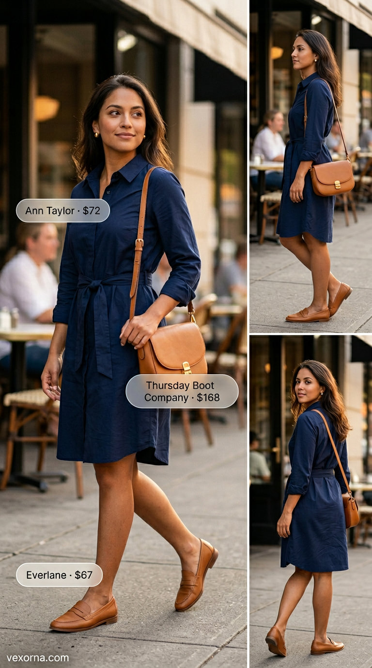 Classy summer brunch outfits for women 2026: Navy shirtdress, tan loafers, gold earrings, and structured bag.
