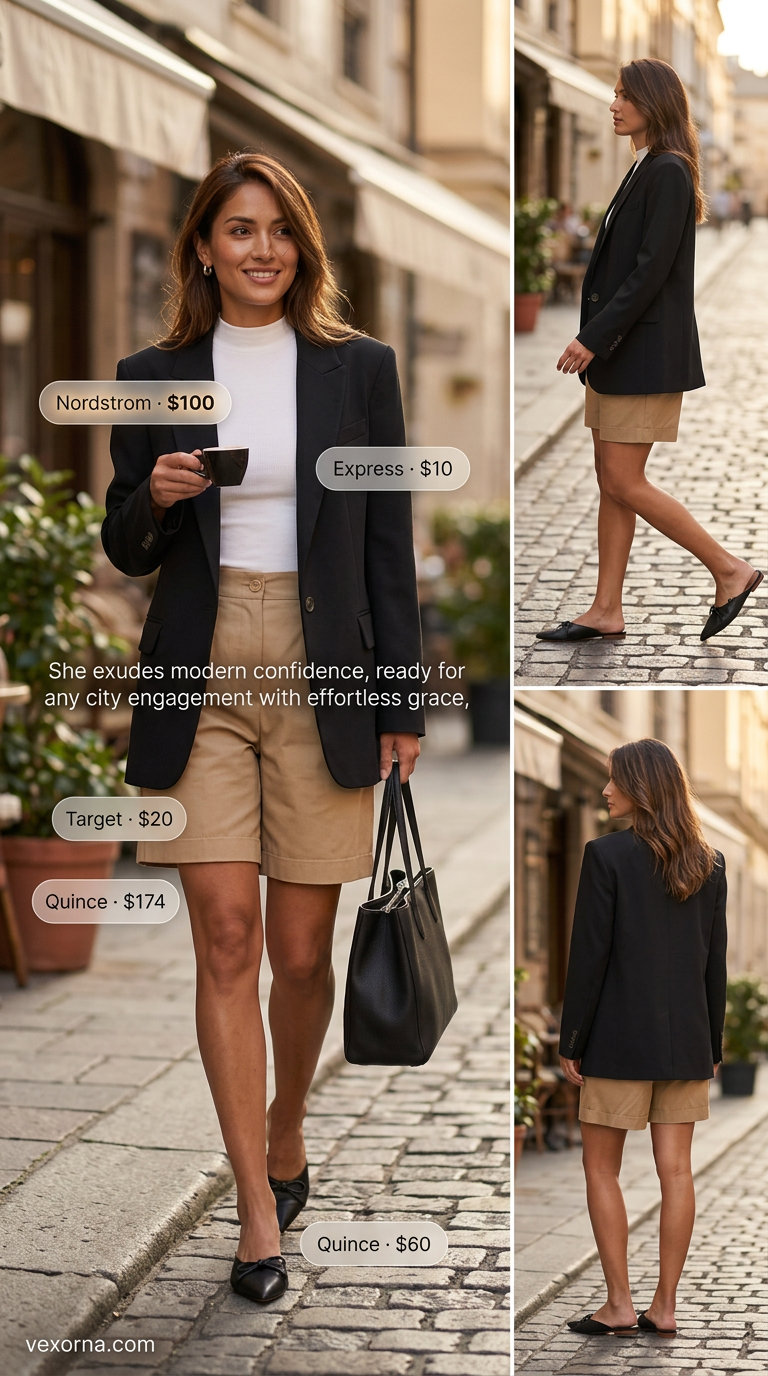Classy summer brunch outfits for women 2026: Tailored shorts, blazer, mock neck top, and mules.