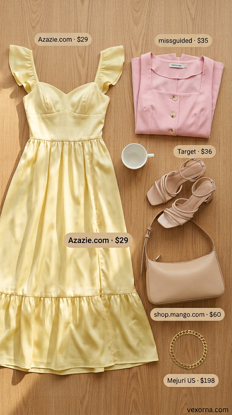 Classy summer brunch outfits for women 2026: Lemon yellow wrap dress, nude sandals, and gold bracelet.
