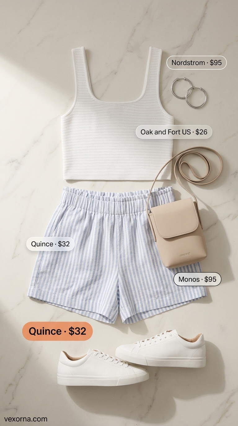 Clean summer basic outfit for women 2026: Sky blue linen shorts, white knit tank, white sneakers, crossbody bag.