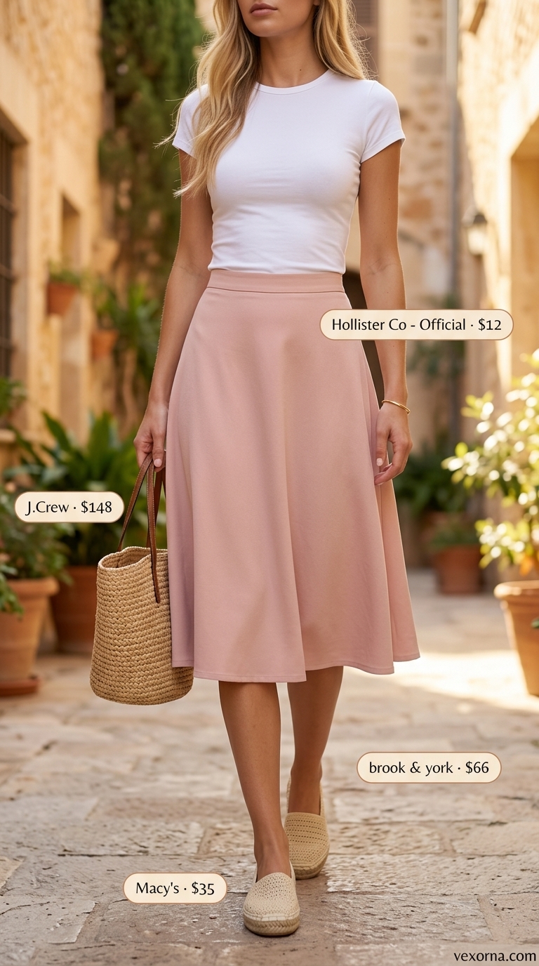 Clean summer basic outfit for women 2026: Blush pink midi skirt, white tee, straw tote & espadrilles for brunch.