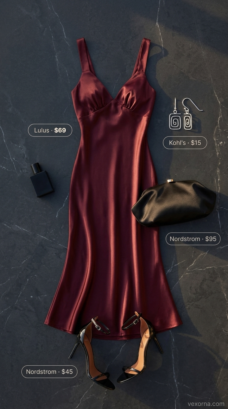 Clean summer basic outfit for women 2026: Burgundy slip dress, black sandals, silver earrings & clutch for summer soirées.