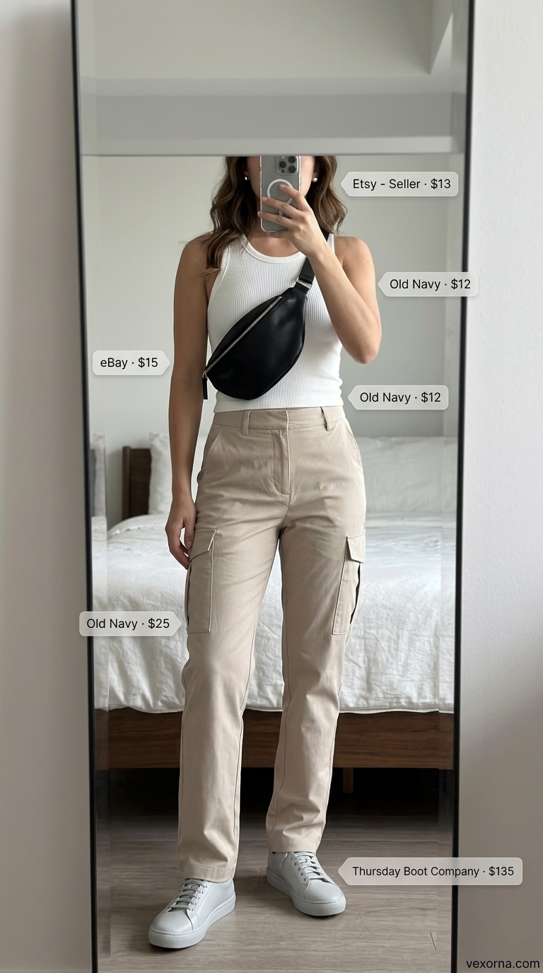 Clean summer basic outfit for women 2026: Beige cargo pants, white tank, grey sneakers, and belt bag. Modern streetwear style.