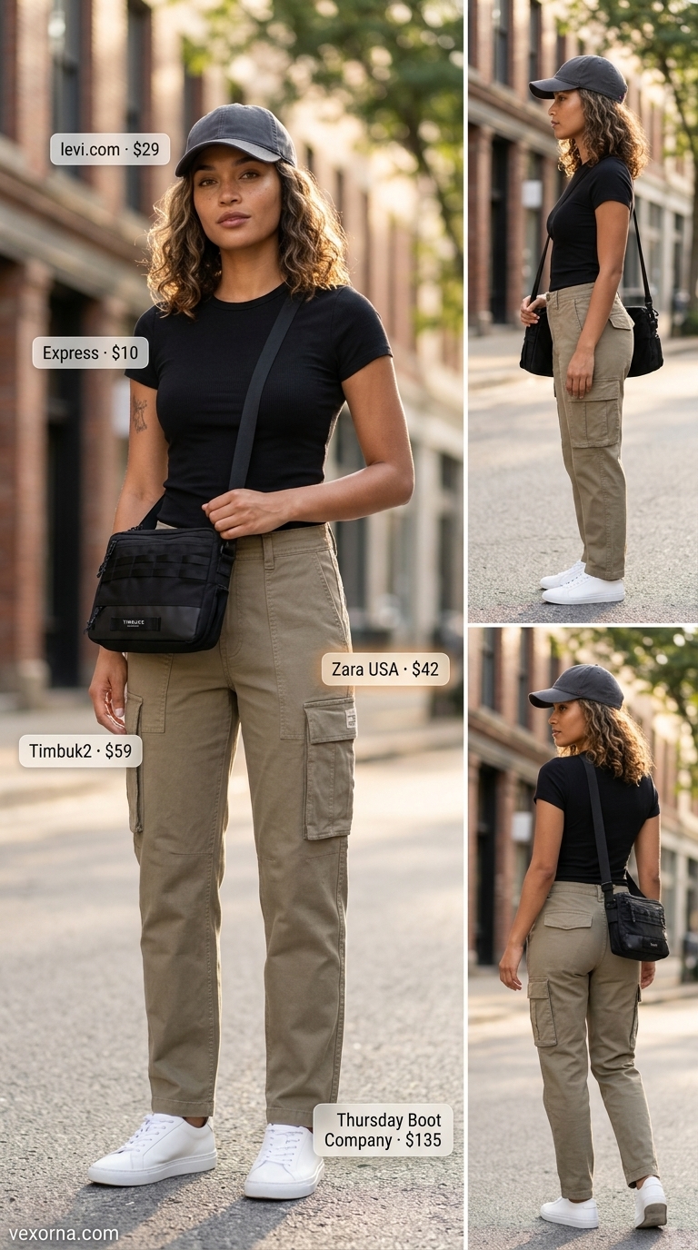 Clean summer basic outfit for women 2026: Khaki cargo pants, white tee, black crossbody, and cap. Edgy casual style.