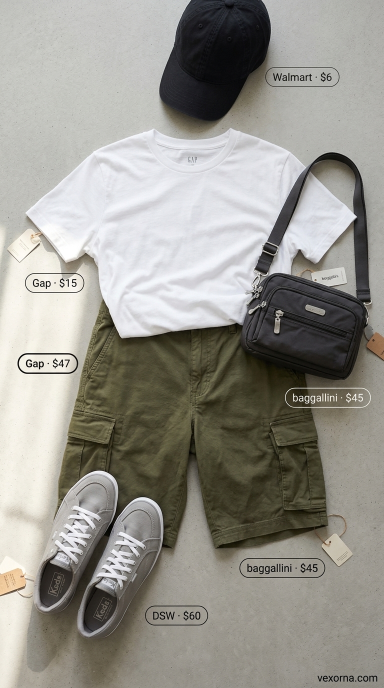 Clean summer basic outfit for women 2026: Olive cargo shorts, white tee, sneakers, crossbody bag, baseball cap.