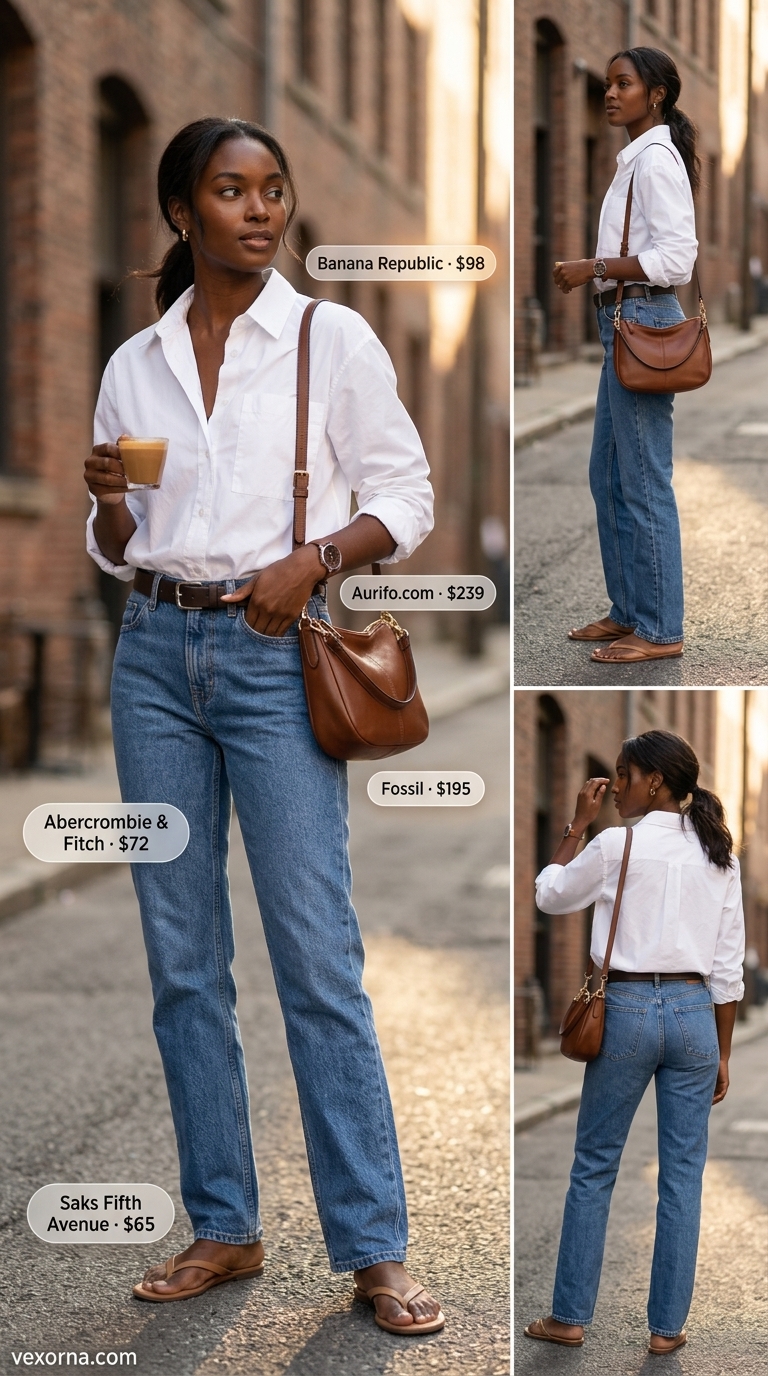 Clean summer basic outfit for women 2026: Denim jeans, white oversized shirt, leather sandals, crossbody bag.