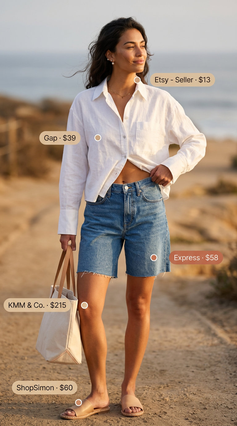 Clean summer basic outfit for women 2026: Denim shorts, white linen shirt, slide sandals & tote bag for casual getaways.