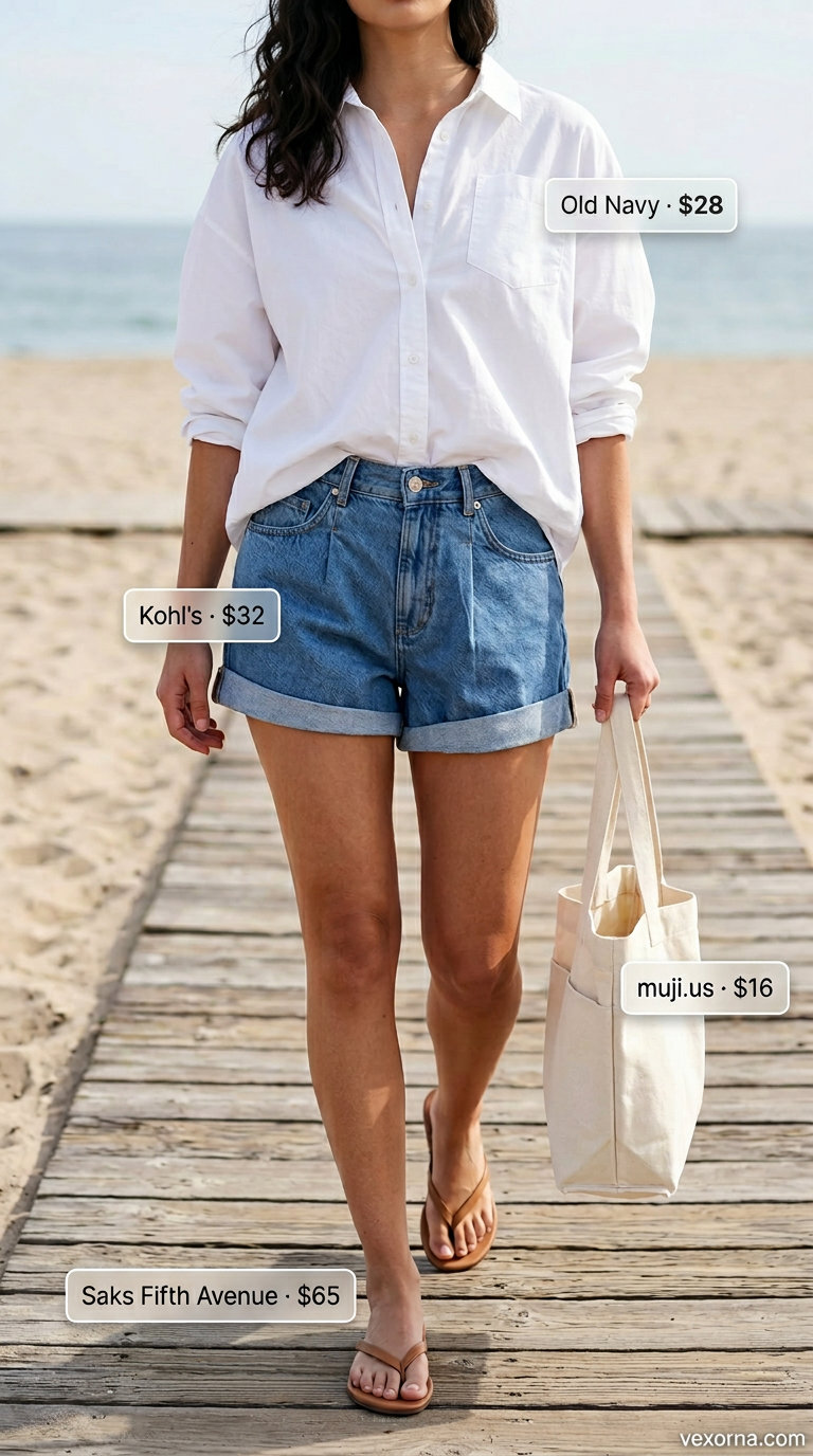 Clean summer basic outfit for women 2026: Medium wash denim shorts, white oversized shirt, tan sandals & tote bag for casual weekend.