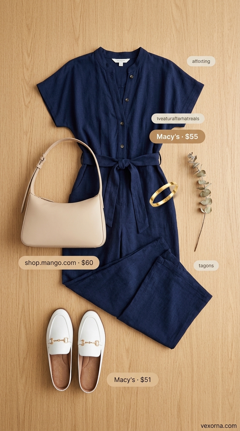 Clean summer basic outfit for women 2026: Navy wide-leg jumpsuit, white mules, gold bangle, and tan bag. Chic travel style.
