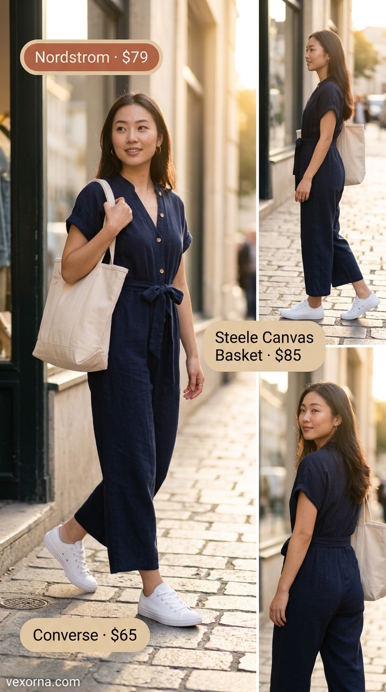 Clean summer basic outfit for women 2026: Navy wide-leg jumpsuit, white sneakers, canvas tote, gold hoops.