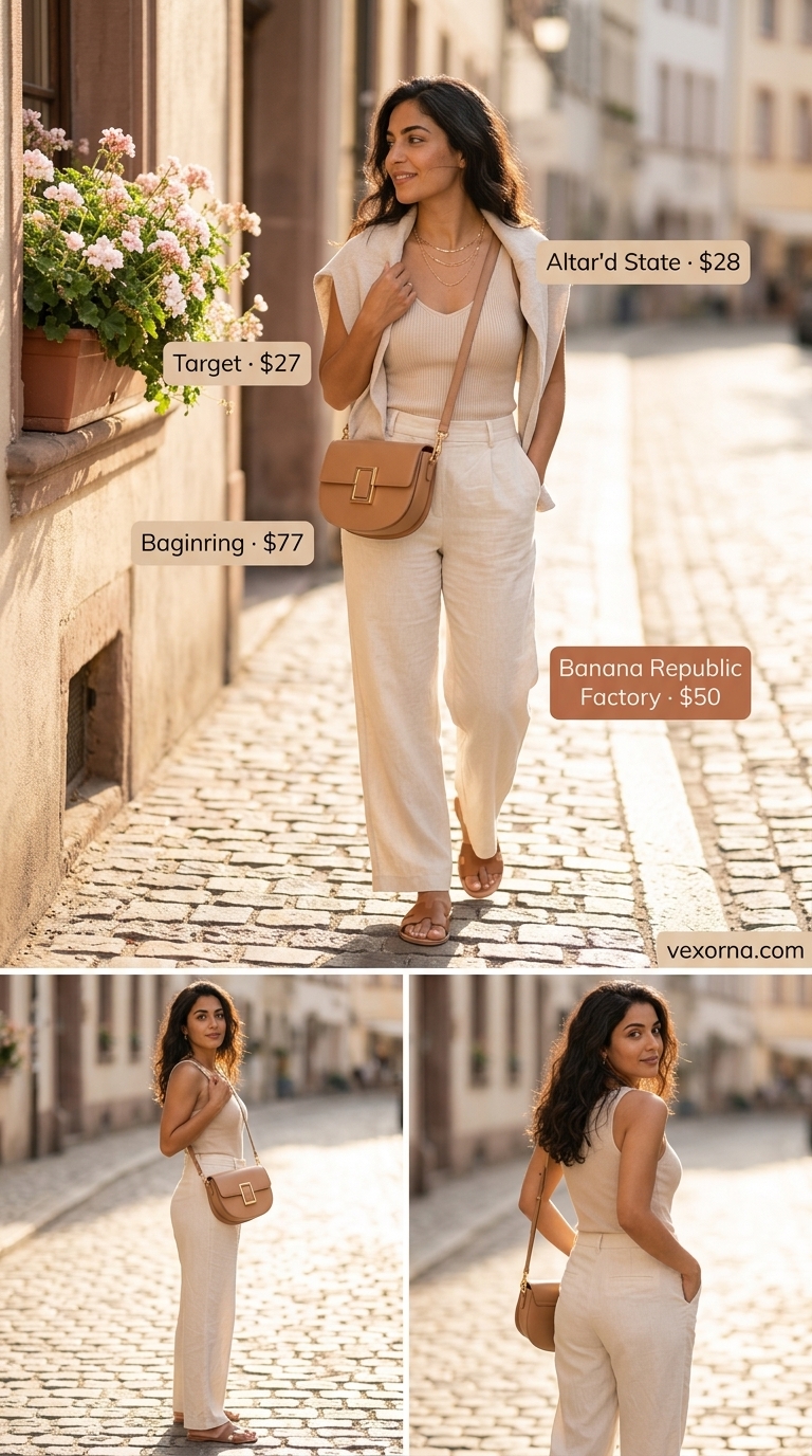 Clean summer basic outfit for women 2026: Cream linen pants, white tank, gold jewelry, and beige slides. Casual day out style.