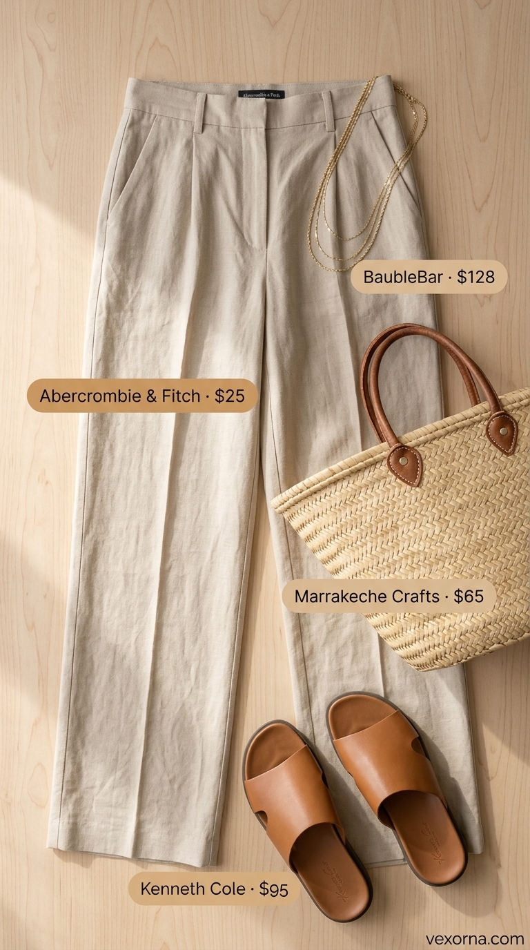 Clean summer basic outfit for women 2026: Cream linen set, straw tote, leather slides, layered necklaces.