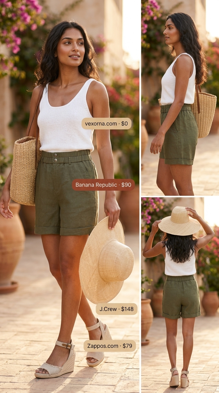 Clean summer basic outfit for women 2026: Olive linen shorts set, straw hat, straw tote, espadrilles.
