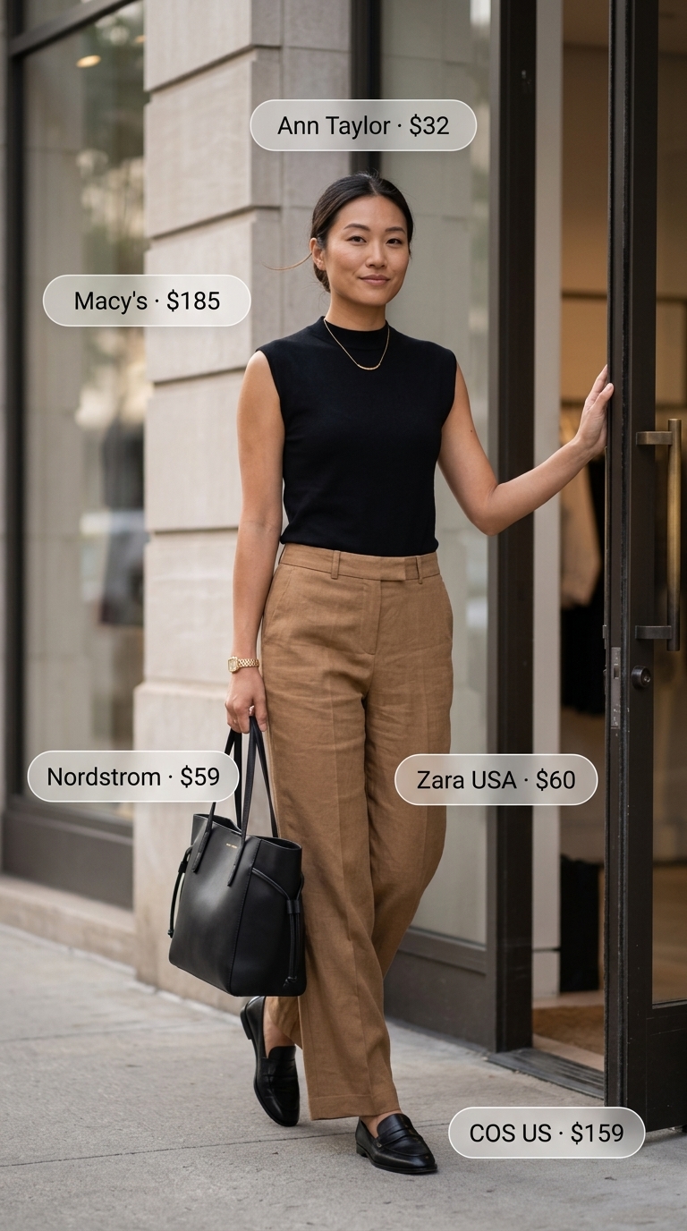 Clean summer basic outfit for women 2026: Camel linen trousers, black knit top, loafers, structured tote.