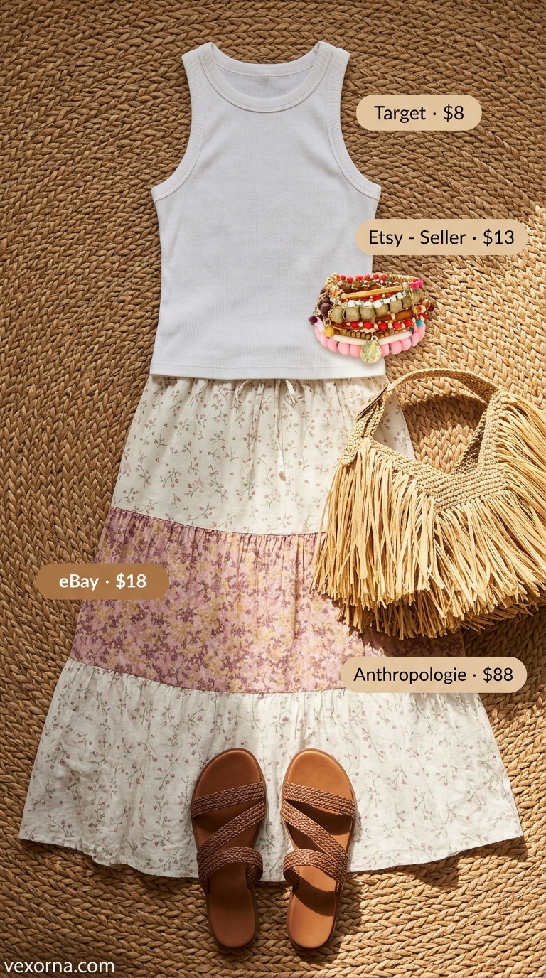 Clean summer basic outfit for women 2026: Ivory floral maxi skirt, white tank, suede sandals, and woven bag. Boho chic look.