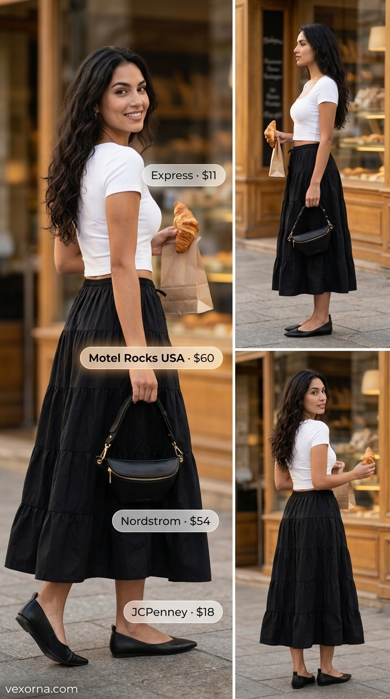 Clean summer basic outfit for women 2026: White knit crop top, black midi skirt, belt bag, ballet flats.