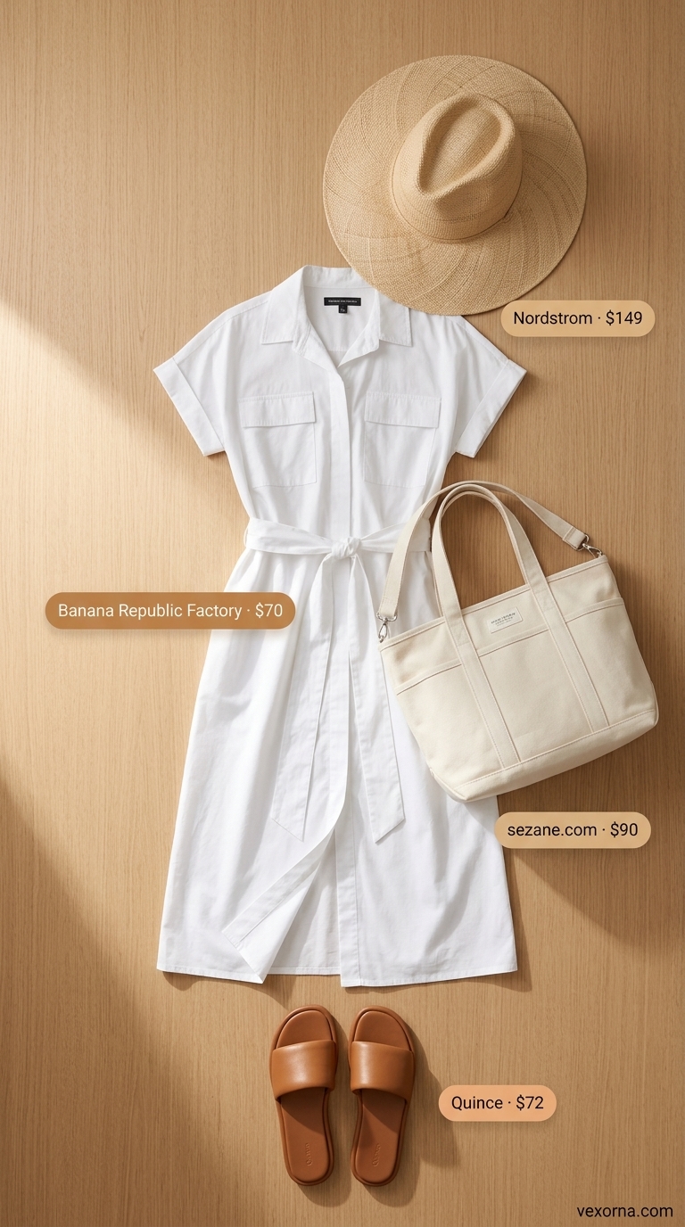 Clean summer basic outfit for women 2026: White shirtdress, tan sandals, straw hat, and tote. Casual beach cover-up style.