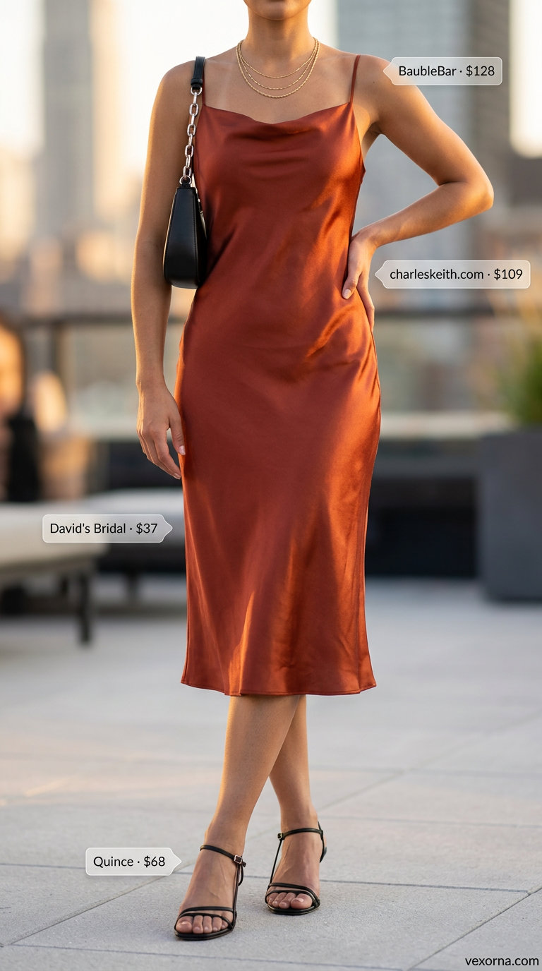 Clean summer basic outfit for women 2026: Terracotta slip dress, black heels, black bag, and gold jewelry. Date night style.