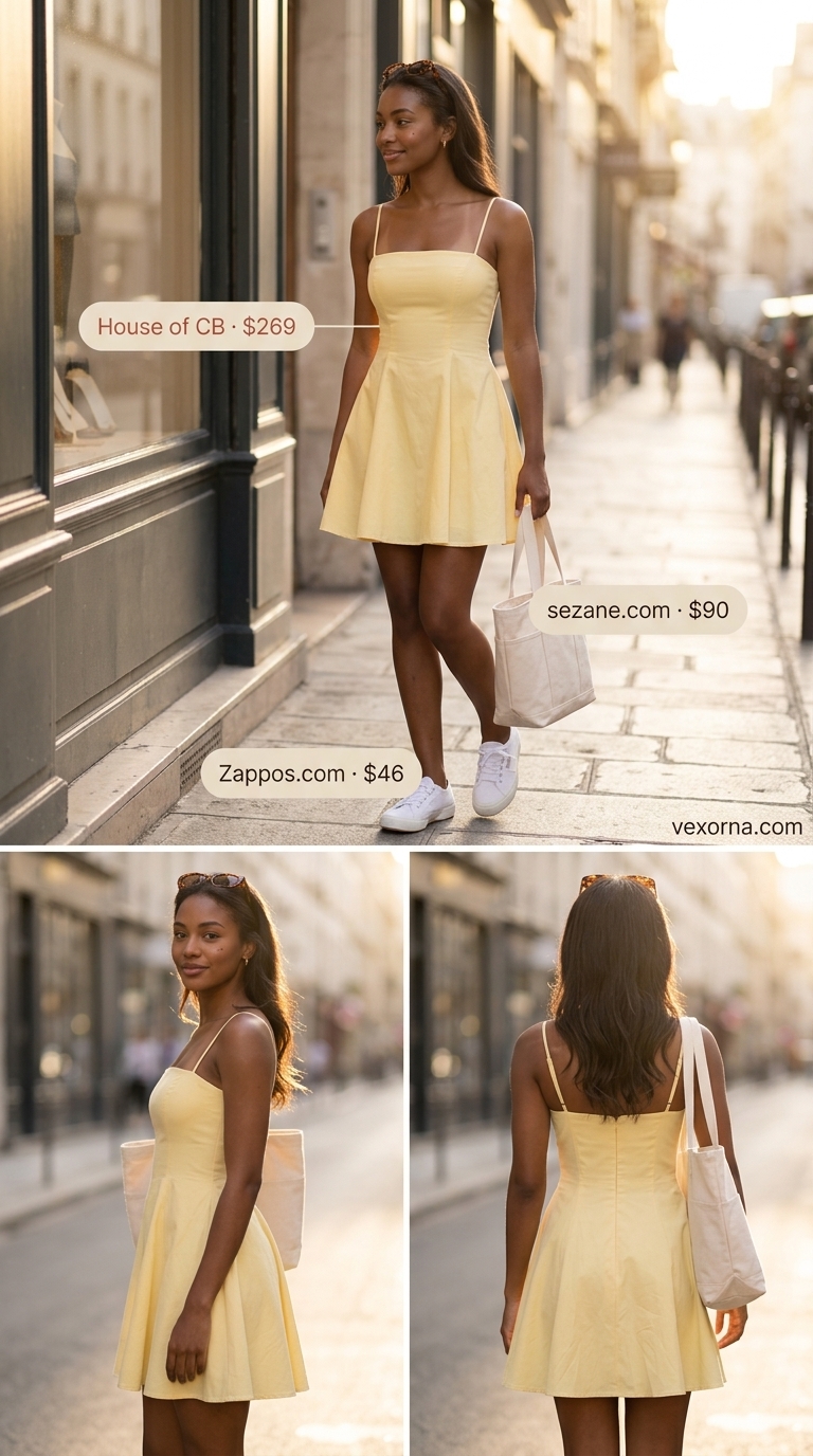 Clean summer basic outfit for women 2026: Yellow sundress, white sneakers, and canvas tote. Perfect for picnics.