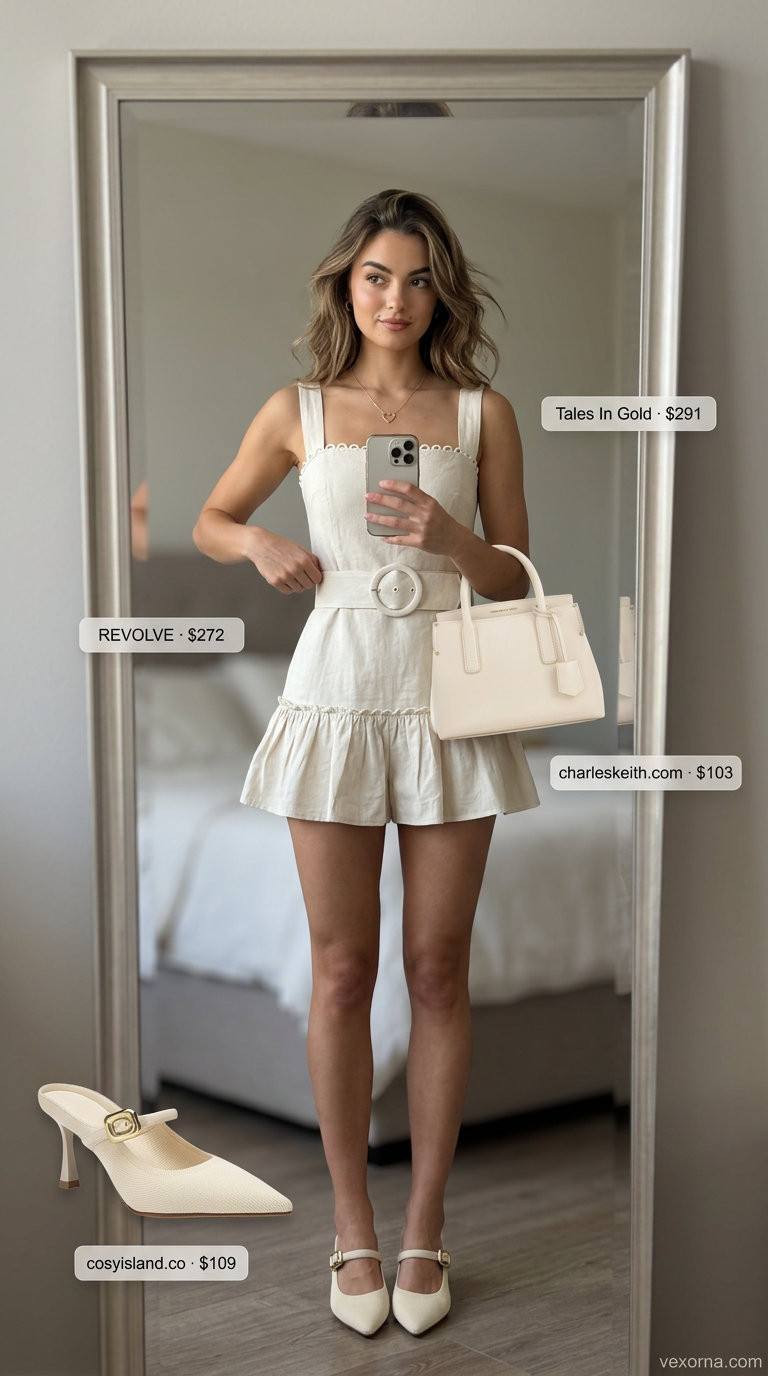 Clean summer basic outfit for women 2026: Taupe linen romper, cream mules, gold necklace & structured bag for daytime events.