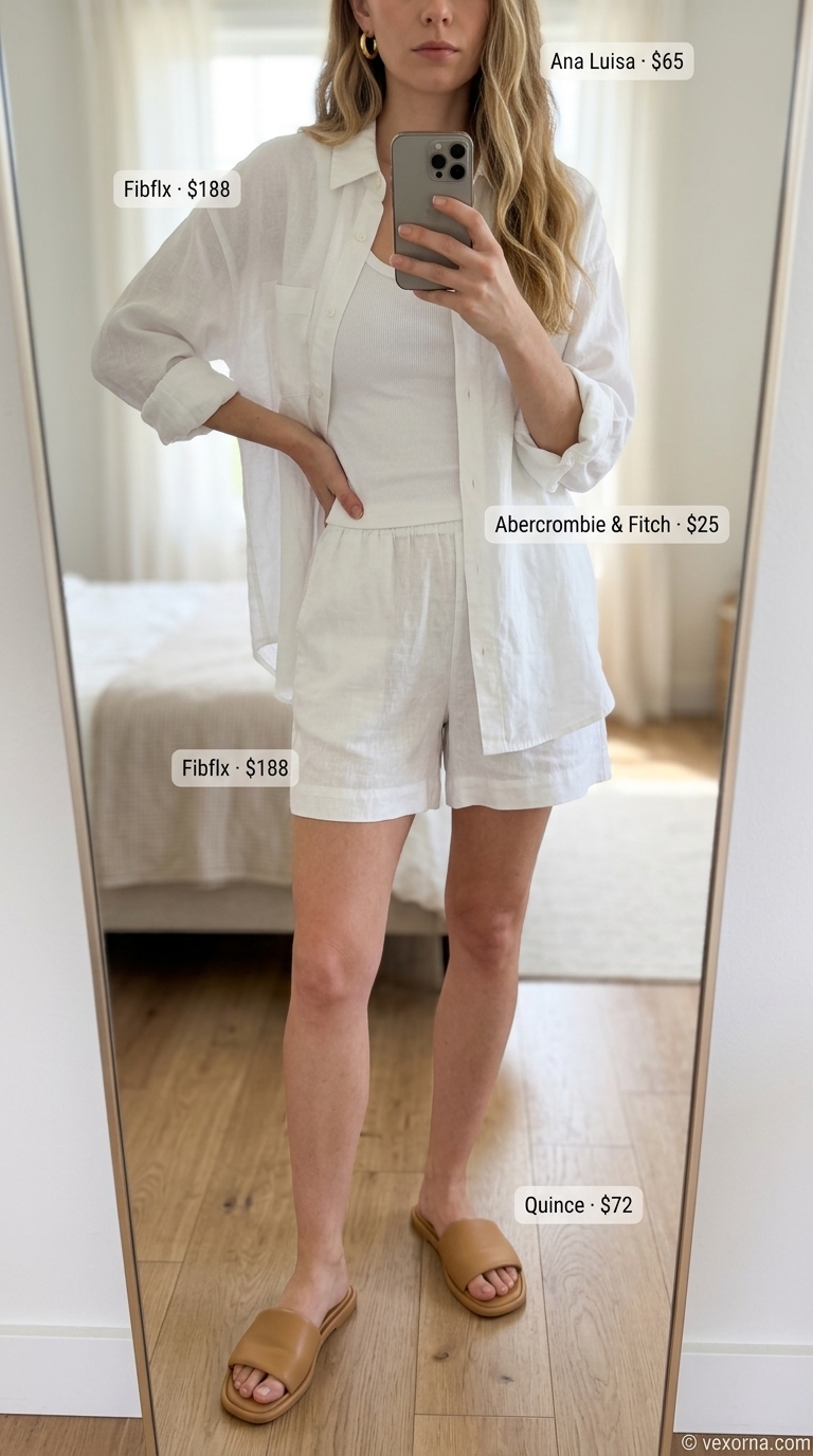 Clean summer basic outfit for women 2026: White linen shirt & shorts set, cream tank, leather slides, straw tote.