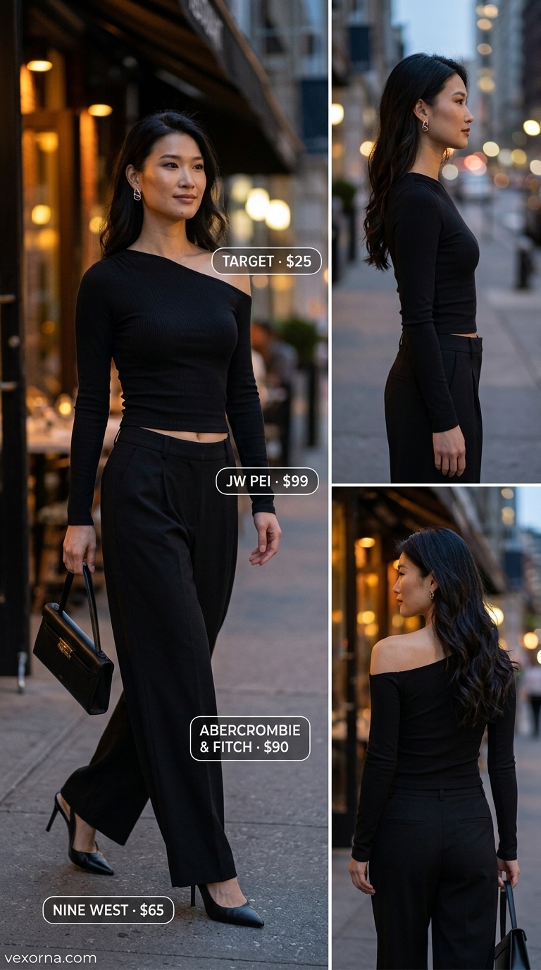 Modern charcoal grey one-shoulder top, black wide-leg pants, and silver earrings for cocktail bar outfits 2026.