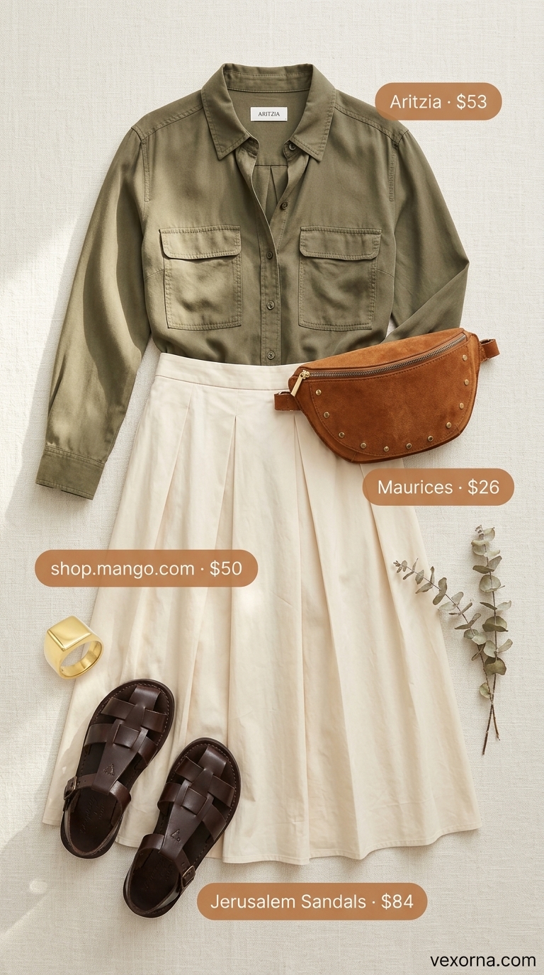 Modern Artisan Market: Sleeveless Tops 2026 Collared summer sleeveless tops for women 2026: Olive green utility top, cream midi skirt for an artisan market.