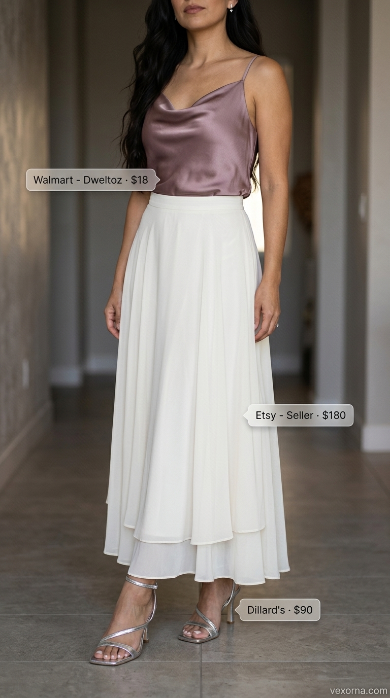 Blush & Ivory Elegance: Collared Summer Sleeveless Tops 2026 Elegant evening outfit: blush pink collared sleeveless blouse, ivory maxi skirt, and silver heeled sandals.