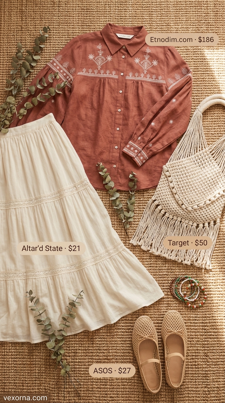 Boho Garden Gathering: Sleeveless Tops 2026 Collared summer sleeveless tops for women 2026: Terracotta embroidered sleeveless top, cream maxi skirt for a boho gathering.