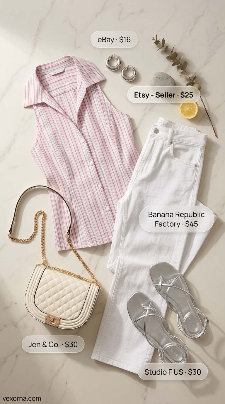 Bubblegum City Stroll: Sleeveless Tops 2026 Collared summer sleeveless tops for women 2026: Hot pink collared shirt, white jeans, silver sandals for a bold city look.