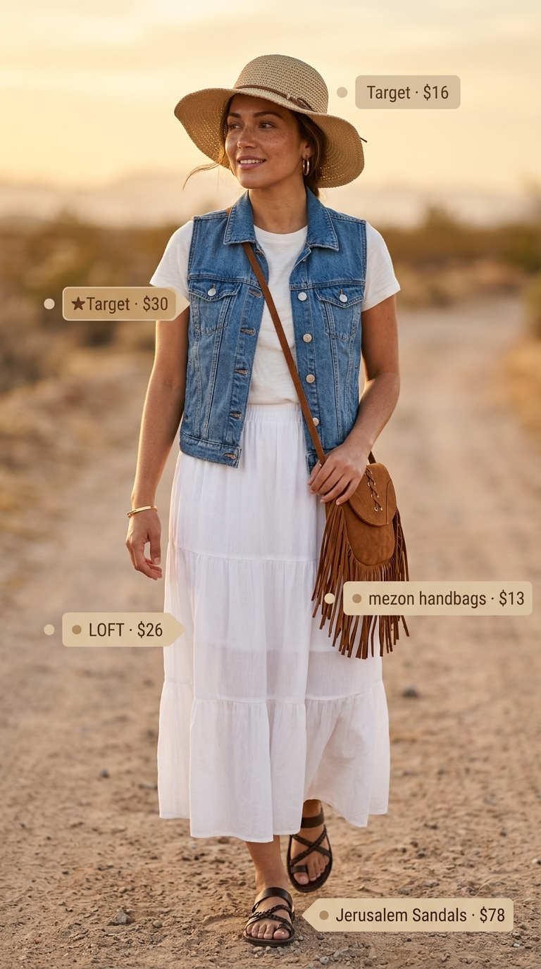 Boho Vibes: Collared Summer Sleeveless Tops for Women 2026 Boho summer outfit: denim collared sleeveless vest top, white tiered maxi skirt, straw hat, and fringe crossbody bag.