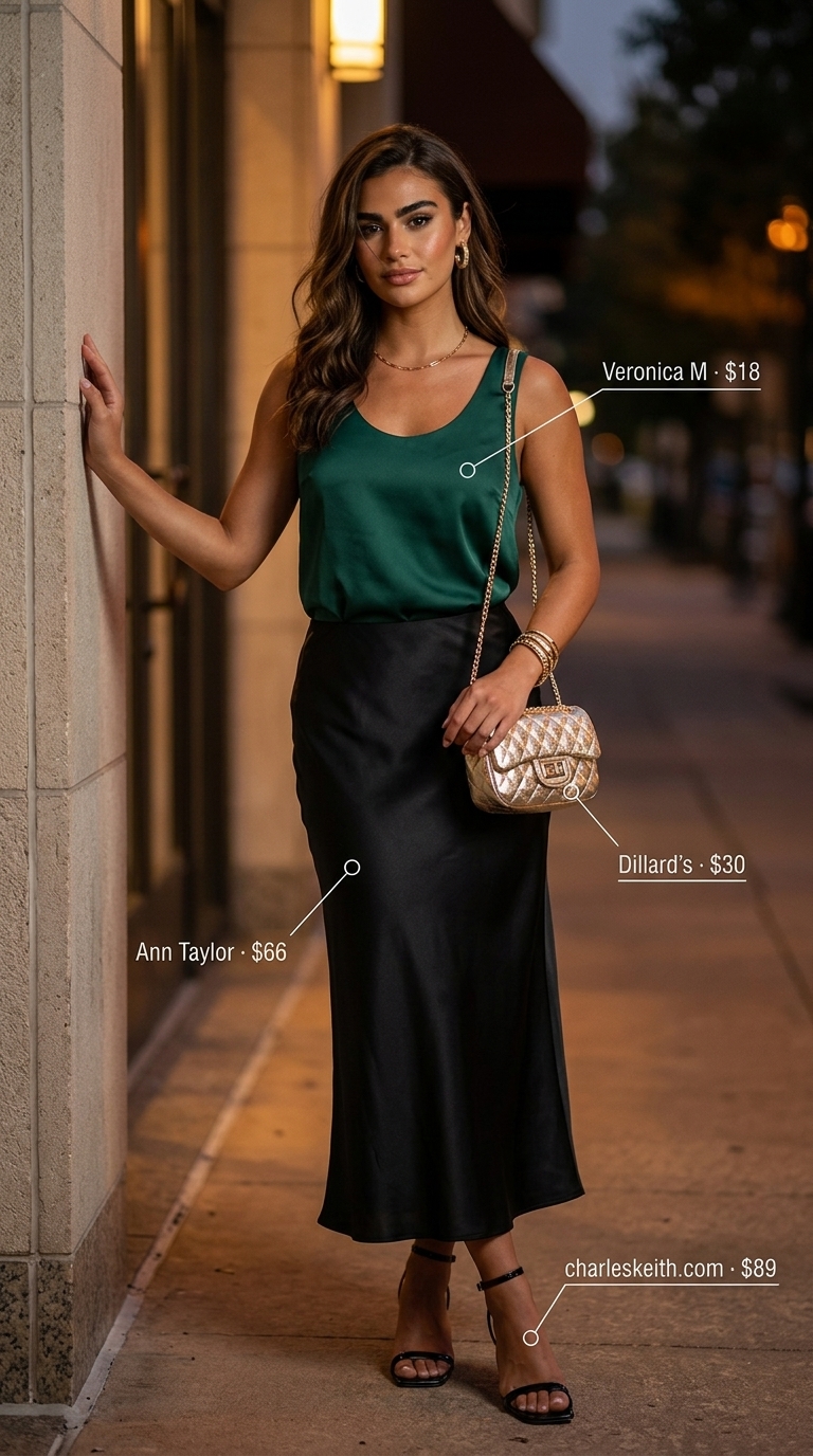 Emerald Glamour: Collared Summer Sleeveless Tops 2026 Glamorous date night outfit: emerald green collared sleeveless blouse, black satin midi skirt, and strappy heels.