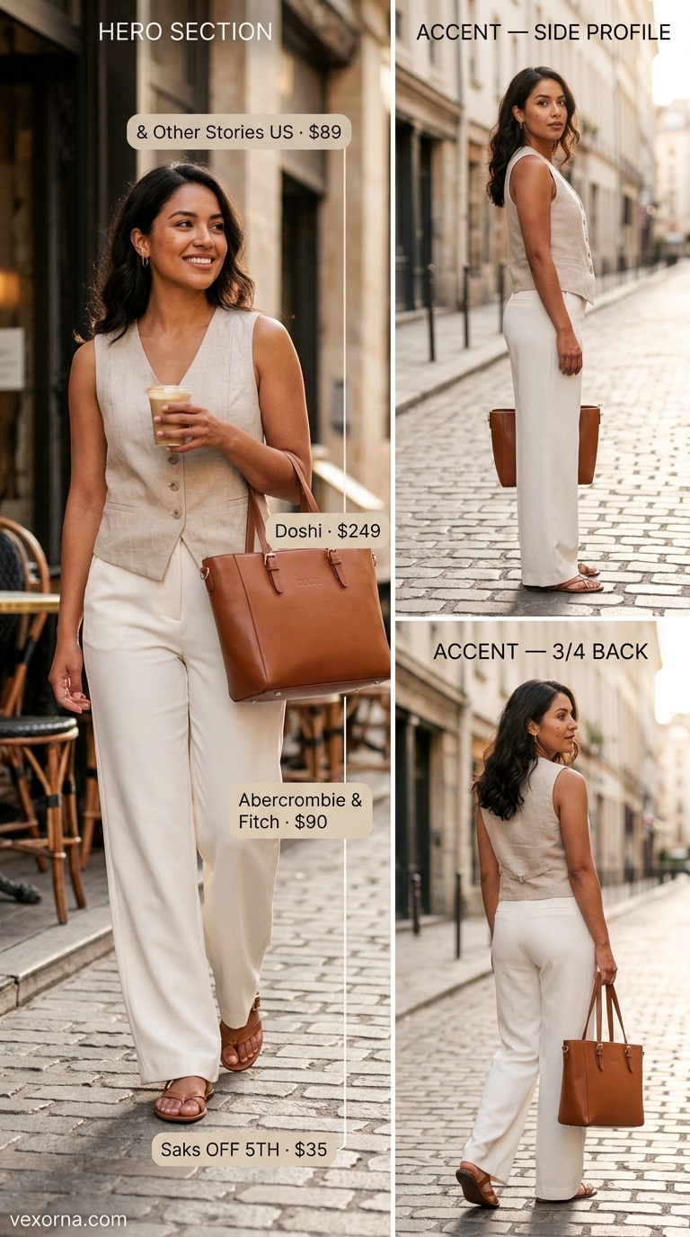 Executive Brunch: Sleeveless Tops 2026 Collared summer sleeveless tops for women 2026: Beige vest top, cream wide-leg trousers for a polished brunch outfit.