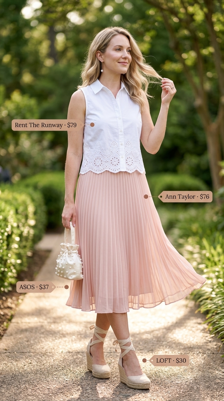 Garden Party Perfection: Collared Summer Sleeveless Tops 2026 Romantic garden party outfit: white eyelet collared sleeveless top, blush pink midi skirt, and wedge espadrilles. Ideal for summer events.