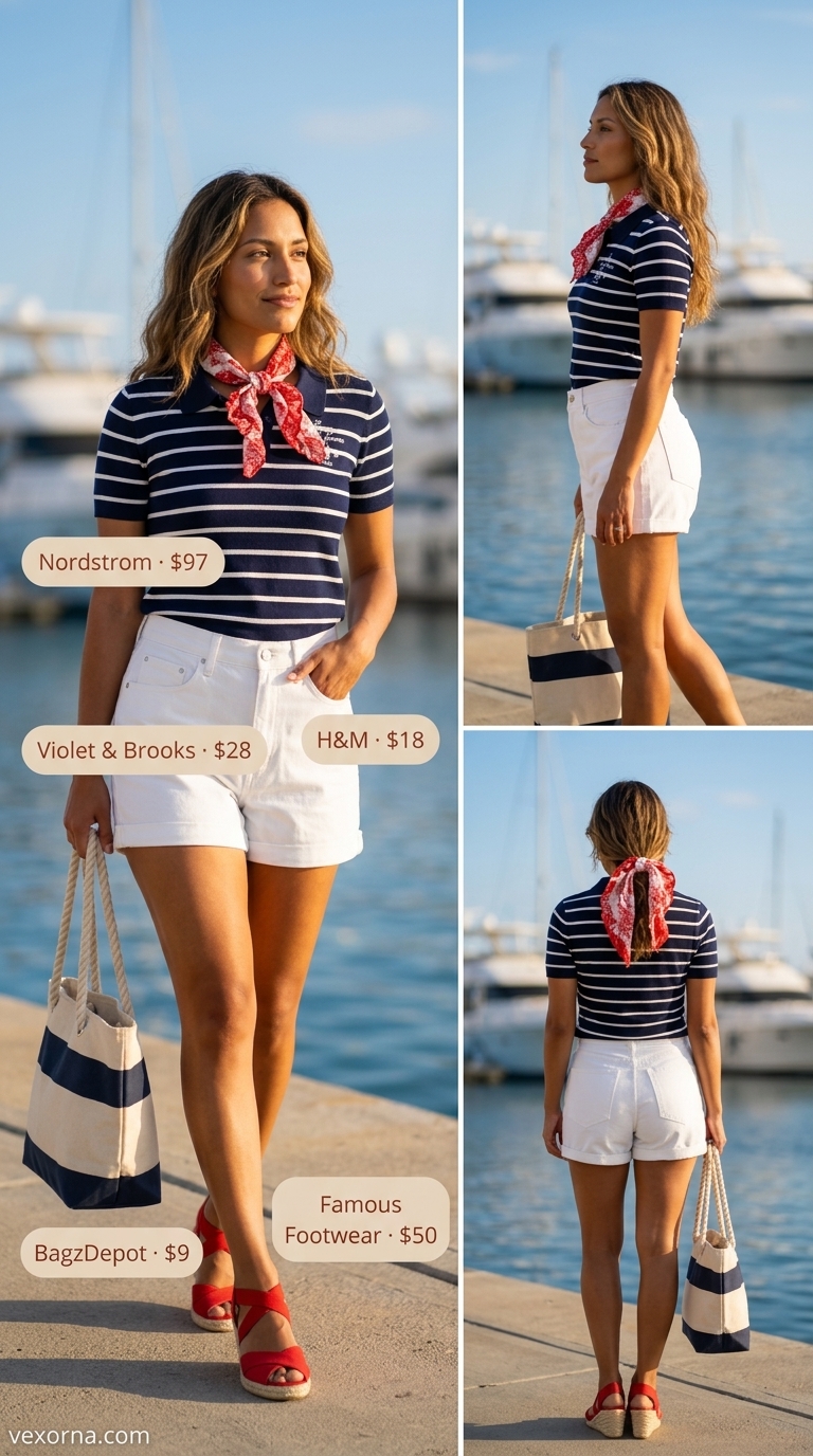 Harbor Cruise Classic: Collared Summer Sleeveless Tops 2026 Seaside lunch outfit: navy & white striped collared sleeveless polo, white denim shorts, and red espadrilles.