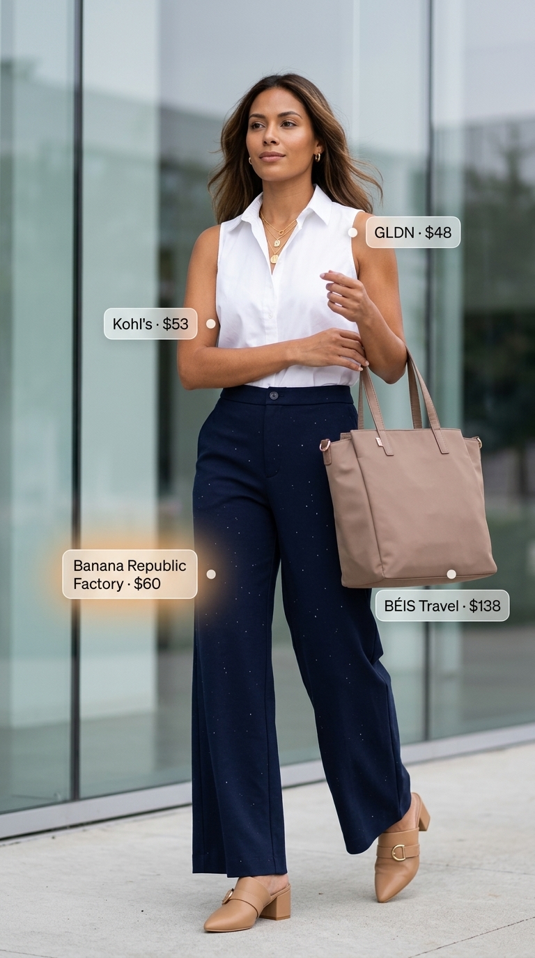 Office Chic: Collared Summer Sleeveless Tops for Women 2026 Office casual outfit featuring a crisp white collared summer sleeveless top, navy wide-leg trousers, and tan mules. Perfect for meetings.