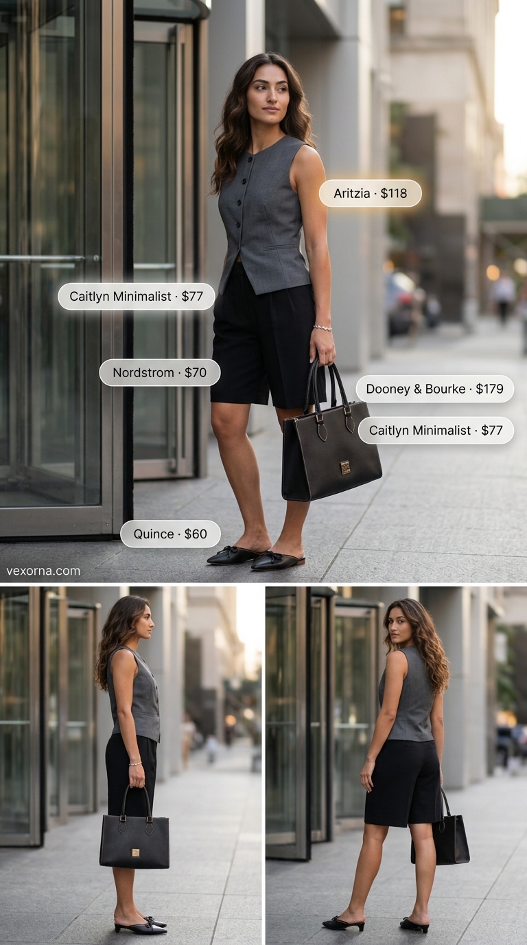 Modern Office Oasis: Sleeveless Tops 2026 Collared summer sleeveless tops for women 2026: Charcoal grey vest top, black bermuda shorts, mules for a modern office look.
