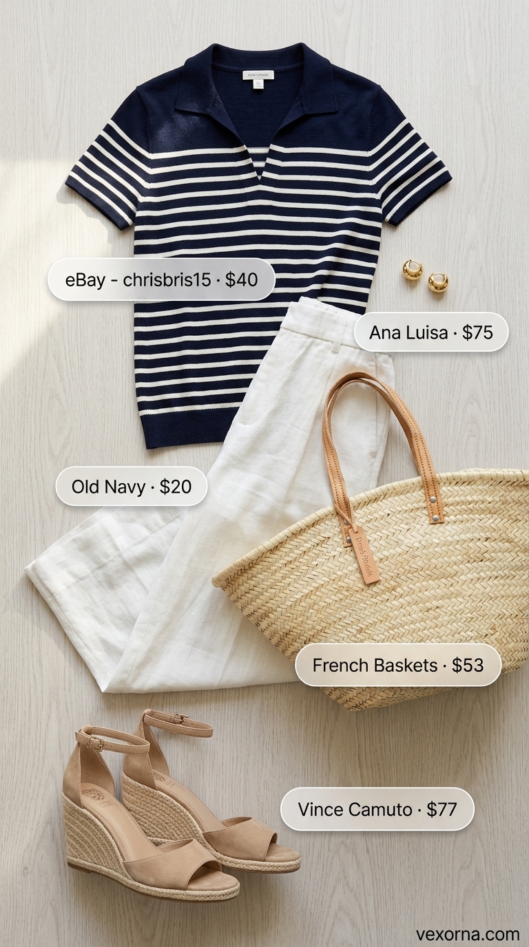 Riviera Style: Collared Summer Sleeveless Tops for Women 2026 Coastal chic outfit: navy stripe collared sleeveless polo, ivory linen pants, and wedge espadrilles. Perfect for vacation.
