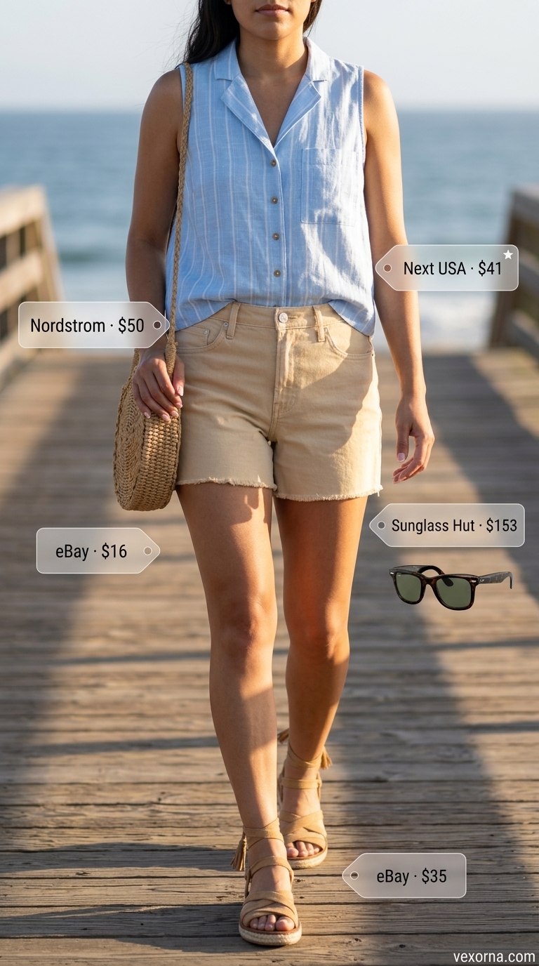 Seaside Linen Lunch: Sleeveless Tops 2026 Collared summer sleeveless tops for women 2026: Blue stripe sleeveless shirt, denim shorts, espadrilles for a seaside lunch.