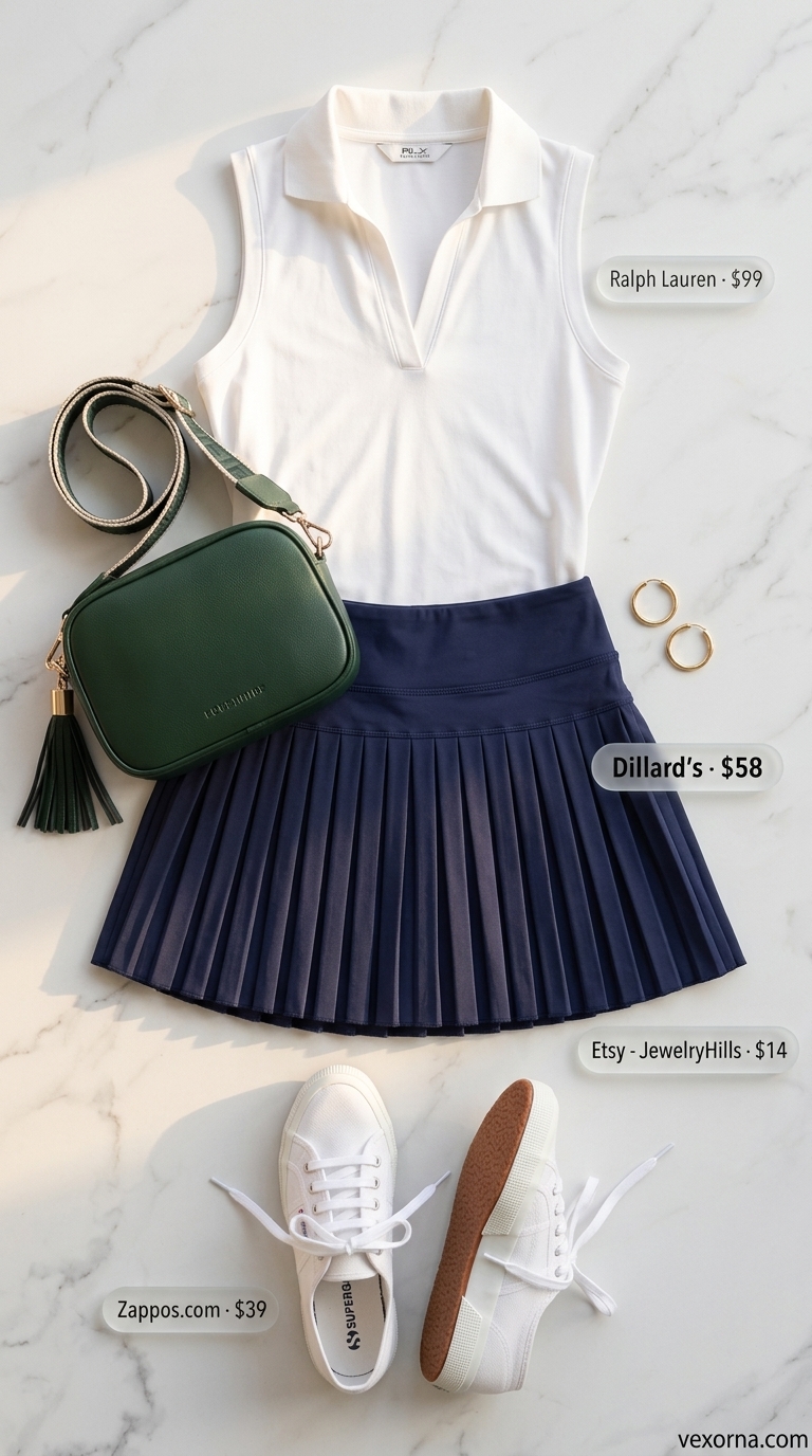 Tennis Club Chic: Collared Summer Sleeveless Tops 2026 Preppy brunch outfit: white collared sleeveless polo, navy tennis skirt, and white sneakers. Sporty and clean.