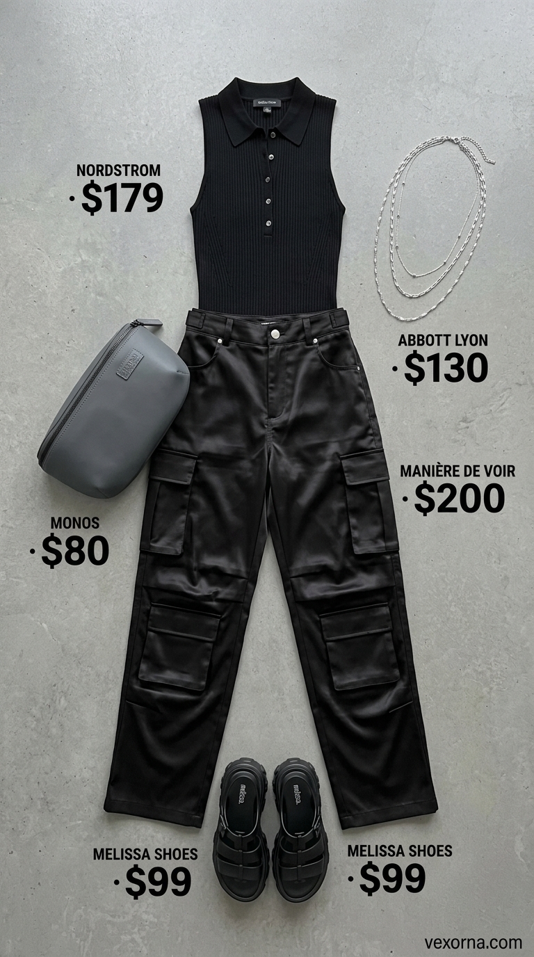 Urban Edge: Collared Summer Sleeveless Tops for Women 2026 Urban casual outfit: black collared sleeveless polo top, black utility cargo pants, and chunky platform sandals.